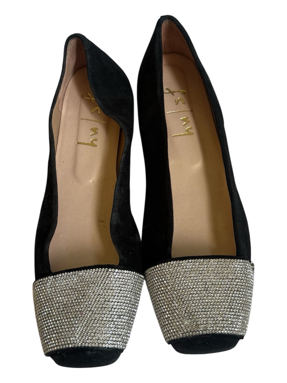 FS/NY French Sole New York Black Suede Rhinestone Square Toe Ballet Flats